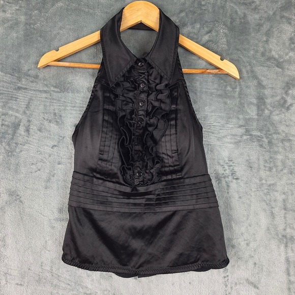 Entry Tops - Vintage Womens Top Medium Black Babydoll Y2K Halter Whimsigoth Ruffle Fairy Goth